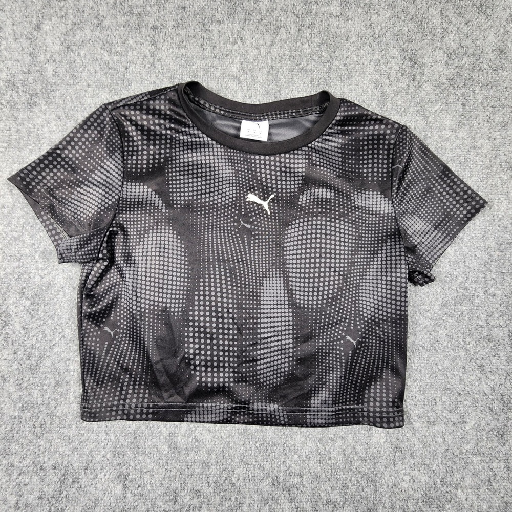 Puma Womens Crop Top Grey Black Halftone Dot Graphic Athletic Shirt Size M